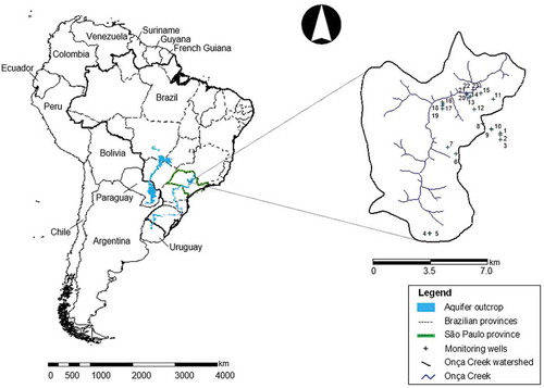Figure 1. Map of Brazilian territory and its provinces with detail of the Onça Creek watershed.