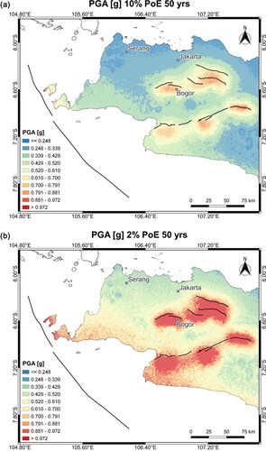 Figure 5. The seismic hazard map for mean PGA, including local site conditions that correspond to (a) 475-year return periods and (b) 2475-year return periods (equivalent to a 10% and 2% probability of exceedance (PoE) in 50 years).