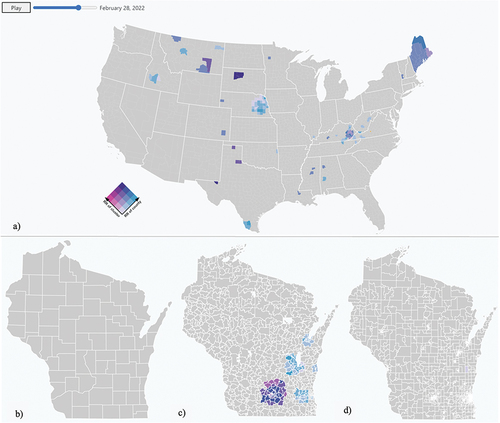 Figure 19. The animated bivariate map of Wisconsin at multiple levels on 28 February 2021. It included scales from a) the county levels with all other states, b) the county level with one state, c) the zip code level, and d) the census tract level.