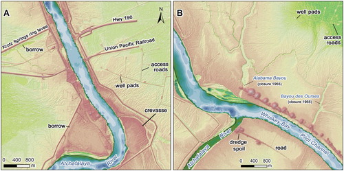 Figure 9. Zoom-in view of natural and anthropogenic landforms in part of Atchafalaya River AOI (see Figure 6 for location).