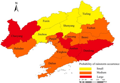 Figure 7. Under the 20-year return period, probability distribution maps of rainstorm events in various cities of Liaoning Province.