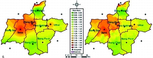 Figure 7. Comparison of the reference risk map derived from the diarrheal-morbidity rate at hospitals in the study area during flooding (left) and the risk map of diarrheal outbreak simulated by the BPNN prediction model (right); a risk ratio (RR) less than or equal to 1 indicates no outbreak or no risk, otherwise the possibility of an outbreak or the outbreak intensity increases with RR.