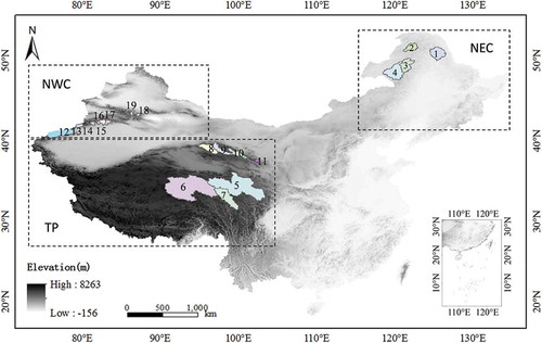 Figure 1. Distribution of the studied river basins and main snow zones in the cryosphere areas of China. NWC, NEC and TP represent snow zones in Northwest China, Northeast China and the Tibetan Plateau, respectively. The numbers on the map represent the different river basins of the study. See Table 1 for station/basin information.