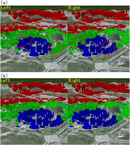 Figure 12. (a) 3D city scene before the synchronization and (b) 3D city scene after the synchronization.