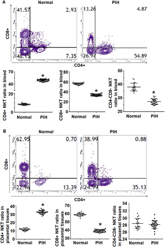 Figure 3. NKT cell typing by flow cytometry. Ratio of CD4+, CD8+ and CD4−CD8−NKT cells in peripheral blood (a) and placental tissues (b) from women with normal pregnancies and women with PIH. Note: * P < 0.05 compared to women with normal pregnancies.