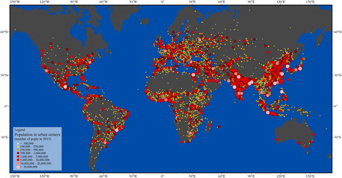 Figure 2. Urban centres in 2015 according to the GHS-SMOD. Source: Atlas of the Human Planet Pesaresi, Melchiorri, et al. (Citation2016).