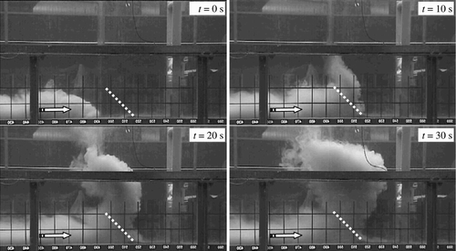 Figure 6 Sequence of turbidity current flowing through inclined jet screen, time intervals 10 s, Test E04