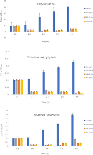 Figure 3. Growth kinetic activities of 2xMIC of chicken, bovine and human Nk-lysin peptide against Streptococcus pyogenes (ATCC 19615) (*p˂0.02 compared to control group) and Streptococcus mutans (isolate) (*p˂0.02 compared to control group), Escherichia coli (ATCC 11775) (*p˂0.03 compared to control group), Klebsiella oxytoca (ATCC 49131) (*p˂0.03 compared to control group), Pseudomonas aeruginosa (ATCC 9027) (*p˂0.04 compared to control group), Salmonella typhimurium (ATCC 14028), Klebsiella Pneumonia (isolate) (*p˂0.02 compared to control group)and Shigella sonnei (ATCC 25931) (*p˂0.03 compared to control group). Data presented as means (±SD) of three independent repeats in triplicate.