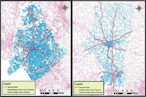 Figure 2. Selected links in Mecklenburg County and Iredell County.