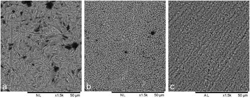 Figure 1. SEM images of air borne particle abraded zirconia (a), KHF2 etched zirconia (b) and hydrofluoric acid etched lithium disilicate (c). Bar represents 50 µm.
