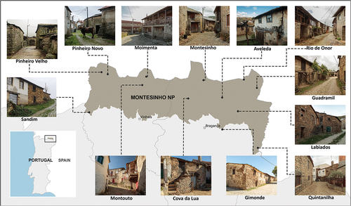 Figure 2. Montesinho Natural Park location highlighting surveyed villages with some representative examples of their vernacular architecture.
