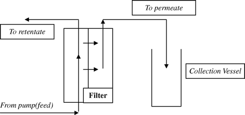 Figure 1.  Schematic representation of a Tangential Flow Filtration filter. The direction of the flow through the filter is parallel (or tangential) to the membrane, which reduces the clogging of the filter and improves its efficiency. The pressure difference between the retentate out and feed in ports provides driving pressure for passage through the filter.