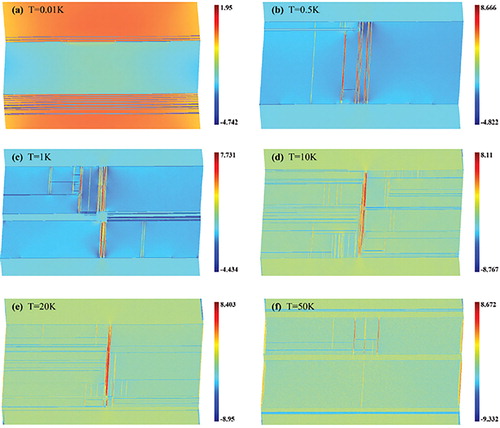 Figure 9. The temperature effect on domain nucleation near the yield point for six different temperatures. (a) No complex domain pattern occurs at very low temperatures. With increasing temperature, the complexity of the domain pattern increases from (b) to (d) and decreases from (d) to (f). The colour scheme represents the local shear angle from the underlying bulk structure The most complex patterns (highest number of junctions) occur at 1 and 10 K. Reproduced from Ref. [Citation114]. CC BY 4.0.