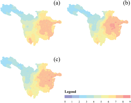 Figure 4. Spatial pattern in monthly mean summer THI from 1986 to 2015 in the months of (a) June, (b) July, and (c) August.