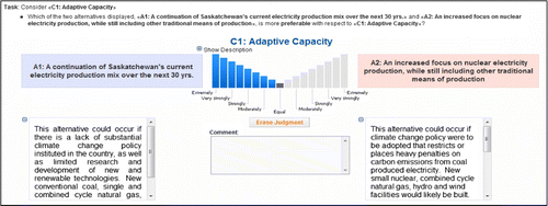 Figure 3 Illustration of pairwise alternatives assessment (A1 and A2) on the basis of criterion C1 ‘adaptive capacity’ in Expert Choice, online version.