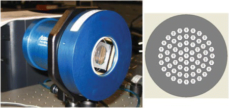 Figure 13 AgilOptics deformable mirror and 61-actuator footprint. (Figure is provided in color online.).