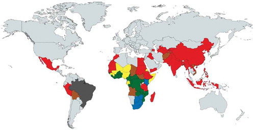 Figure 5. Key contributor of under-5 child mortality reduction of 75 countries in 2000–2015 (green: malaria; blue: AIDS; red: pneumonia; yellow: measles; brown: diarrhea; grey: other diseases).