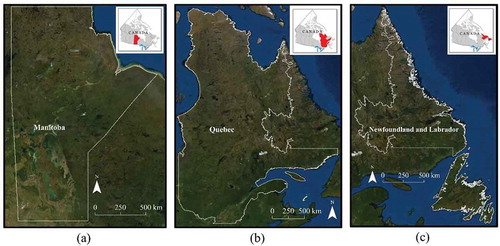 Figure 1. Study areas: (a) Manitoba, (b) Quebec, (c) Newfoundland and Labrador. The maps were adopted from https://www.nrcan.gc.ca/earth-sciences/geography/atlas-canada/explore-our-maps/reference-maps/16846.