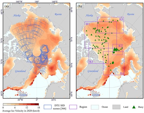 Figure 1. (a) Spatial distribution of selected DTU sea ice drift scenes; (b) Geographic locations of five experimental case regions and start positions of buoys used for validation.
