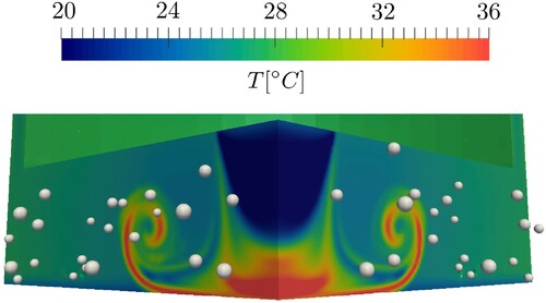 Figure 12. The fluid temperature (color map) and the particles (grey) located within a cylindrical region of radius r=2.5mm of the domain at the time instant t=0.305s.