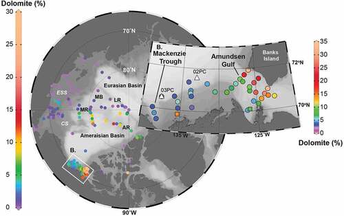Figure 2. (a) Map of the Arctic Ocean showing sample locations and dolomite abundances reported in sediments from the Amerasian Basin and Canadian Arctic. Data are from Bazhenova, Vogt, and Stein (Citation2012) and Gamboa et al. (Citation2017). (b) Detail of the Canadian Beaufort Sea illustrating the increase in dolomite contents of surface sediments as one moves east toward the Amundsen Gulf. Additional data points from Darby et al. (Citation2011) are shown (squares). Position of sediment cores discussed in the text are indicated with triangles. CS = Chukchi Sea; ESS = East Siberian Sea; MR = Mendeleev Ridge; MB = Makarov Basin; LR = Lomonosov Ridge; AR = Alpha Ridge.