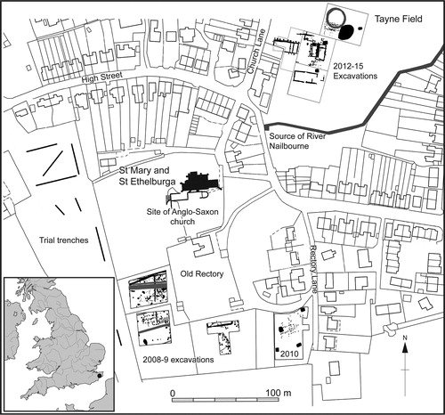 fig 1 Location of excavations in relation to the modern-day topography of Lyminge. Illustration by Lyminge Archaeological Project. Base map © Crown Copyright/database right 2016. An Ordnance Survey/Edina Service.
