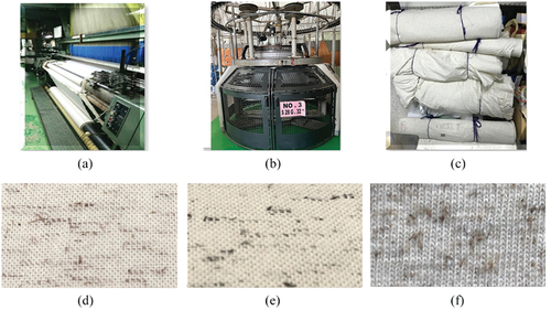 Figure 3. Machines in Textile Manufacturing (a) weaving Machines; (b) knitting Machines; (c) samples of water hyacinth fabrics; (d) Plain-woven fabric; (e) twill fabric; and (f) knitted fabric.