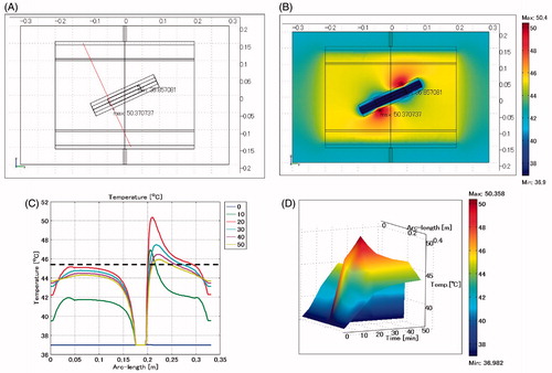 Figure 11. Oesophageal stent. Difference of levels: 4 cm. Lumen: vessel. (A) Cross-sectional view of the model at x = 0 cm. (B) Temperature distribution after heating for 20 min. (C) Temperature profiles on the red line shown in Figure 11A. (D) Extrusion plot of temperature distribution on the red line shown in Figure 11A. Maximum SAR 1576 W/kg, maximum temperature 50.4 °C.