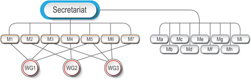 Figure 1. The organisational structure of the Network. “M” for Member organisation. “WG” for Working Group. The right side represents the expansion of the Network following the new legislation in 2019.
