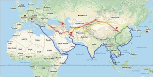 Figure 1. The Silk Road map, which used to be the main route connecting Europe to East Asia through Iran. The lines on the map indicate the land and the sea or water route. Also, the tick dots indicate the countries of origin of the present studied pears