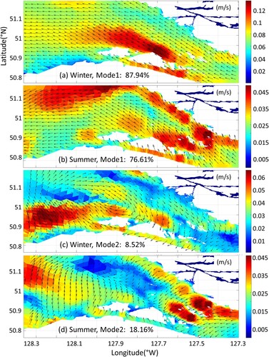Fig. 12 Amplitudes (units: m s−1; background colours) and vectors of the first two CEOF modes based on low-pass filtered (48 h cut-off) model reproduced surface currents during (a and c) winter (December 26, 2018, to January 31, 2019), and (b and d) summer (July 6 to August 11, 2019).
