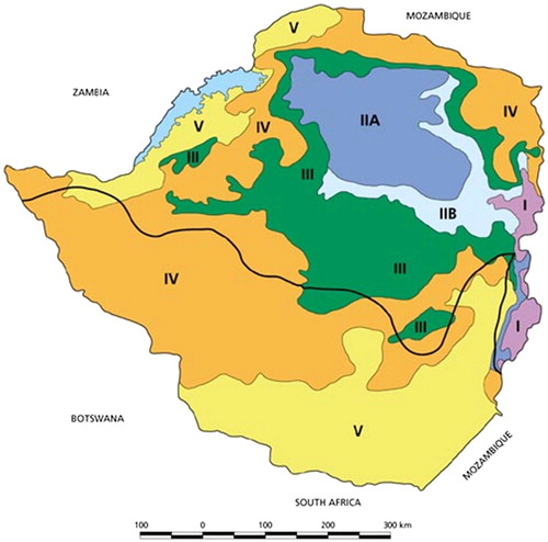 Figure 1. Zimbabwe’s agro-ecological zones.Note: Zimbabwe is divided into five agro-ecological regions, known as natural regions. The quality of the land resource declines from Natural Region (NR) I through to NR V (Moyo Citation2000). Source: FAO Citationn.d.