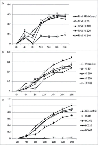 Figure 2. Continuous growth measurement of R. arrhizus in the presence of 0 (control), 80, 160, 320 and 640 ng/ml for HC under standard atmosphere in RPMI (A), YNB (B) and YAG (C). No promotion of growth was observed (P value > 0.05, t Student non parametric test).
