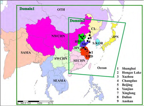 Fig. 1 Two nested model domain for NAQPMS used in this study. Also shown are regional separations for on-line tracer-tagged (capital characters) which are described in Table 1. The marked solid squares represent the locations of nine observation stations.