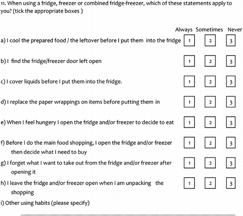 Figure 3 Self-assessment questions relating to nine fridge and freezer use behaviours in the post-intervention questionnaire.