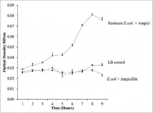 Figure 9. The identification of resistance to antibiotics. E.coli droplets and ampicillin resistant E.coli droplets were monitored over time with ampicillin mixed at time 0. The continued growth of the resistant E.coli is evident while the non-resistant strain were prevented from growing