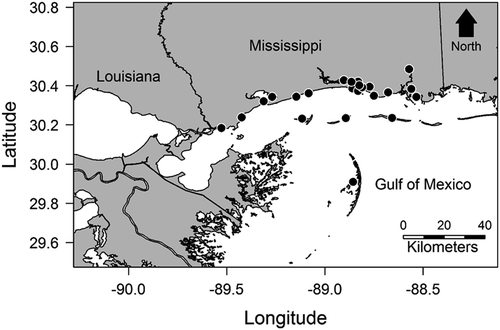 FIGURE 1. Map of locations in the north-central Gulf of Mexico, where female Southern Flounder (n = 440) were collected by using various gear types between September 2014 and February 2016. Sampling locations offshore of Mississippi state waters are not shown (those data were used for histological analysis only).