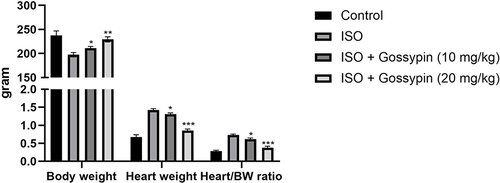 Figure 3 Effect of Gossypin on the body weight, heart weight and heart/body weight ratio of ISO induced MI rats. Values are presented as mean± standard error mean (SEM). Where *P<0.05, **P<0.01 and ***P<0.001 were consider as significant, more significant and extreme significant. All group contains 6 rats.