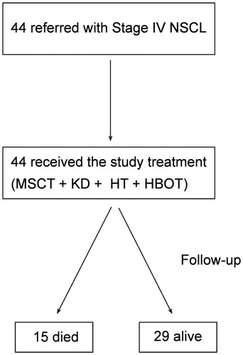 Figure 1. Study diagram. MSCT: metabolically supported chemotherapy; KD: ketogenic diet; HT: hyperthermia; HBOT: hyperbaric oxygen therapy. Patients were referred with stage IV disease to our clinic and all were eligible for our standard protocol upon admission.