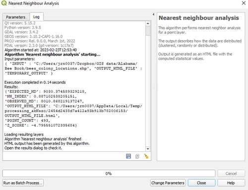 Figure 92. Output log from the point clustering nearest neighbour analysis.