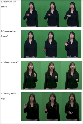 Figure 1. Examples of gestures. (a) Character-viewpoint semantically related gesture for “squeezing”. (b) Semantically unrelated gesture for “squeezing”. (c) Character-viewpoint semantically related gesture for “slicing”. (d) Observer-viewpoint semantically related gesture for “swinging”.