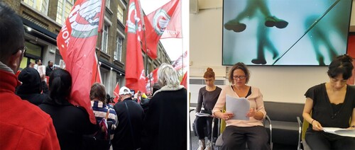 Figure 4. Becoming-events and ‘preplays’ – IWGB strike at UCL and on-site readings as ‘unfinished’ performance; © Nicola Baldwin.