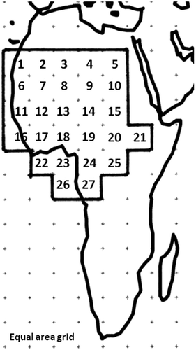Figure 1 Map (equal area grid from World Map), showing the study region with the reference number for each cell. Vegetation types (according to White Citation1983; simplified): dry savannah = cells 1–10; Guinea savannah = cells11–15; forest mosaics = cells 16–21 and 26–27; tropical lowland rainforest = cells 22–25.