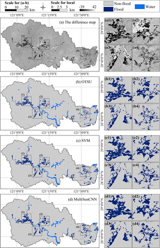 Figure 7. The difference map of the pre-typhoon and post-typhoon SAR images (a), and the classified flood inundation pattern (b–d).