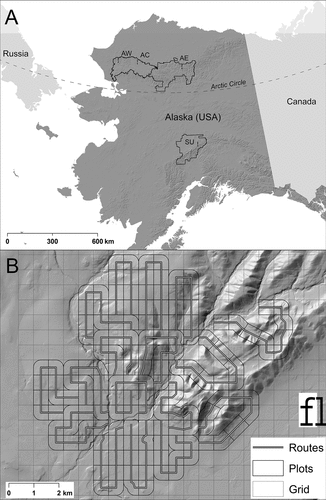 Figure 1. (a) Location of passerine monitoring sites in three national parks in Alaska including arctic-west (AW) and arctic-central (AC) in Noatak National Preserve, arctic-east (AE) in Gates of the Arctic National Park and Preserve, and subarctic (SU) in Denali National Park and Preserve. (b) An example of our route, plot, and grid configuration from the arctic-central site.