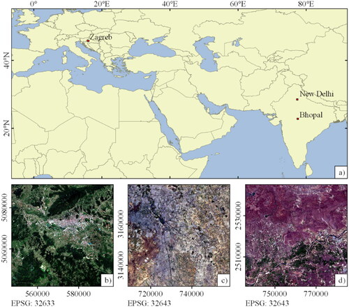 Figure 1. (a) Geographic location of the study areas; (b) satellite image of the Zagreb, Croatia study area (SA1); (c) satellite image of the New Delhi, India study area (SA2); (d) satellite image of the Bhopal, Madhya Pradesh, India study area (SA3). All satellite images use the Sentinel-2 ‘true color’ composite (4–3–2).