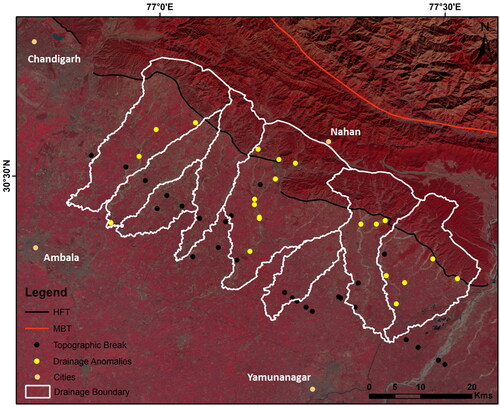 Figure 12. Anomaly map showing locations of drainage anomalies and topographic breaks in the study area. (Landsat TM standard FCC mosaic is used as background).