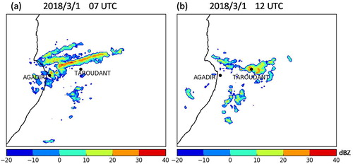 Fig. 8. Maximum of reflectivity from the Agadir radar in dBZ on 1 March 2018 at 07 UTC (a), 12 UTC (b).