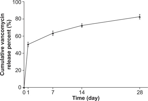 Figure 2 In vitro release profiles of vancomycin from the vancomycin-coated titanium implants performed in phosphate-buffered saline at 37°C exhibited an initial burst release, followed by a slow and controlled release.