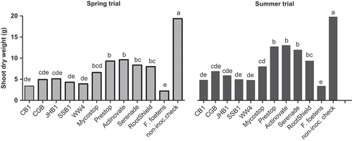 Fig. 2. Effect of biocontrol agents on the above-ground dry weight (g) of Begonia × hiemalis under greenhouse conditions. Bars bearing the same letter are not significantly different at 5% level.